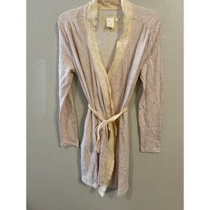by ELOISE Pink Lace Trim Knit Robe Kimono Wrap Tie Waist Lounge M